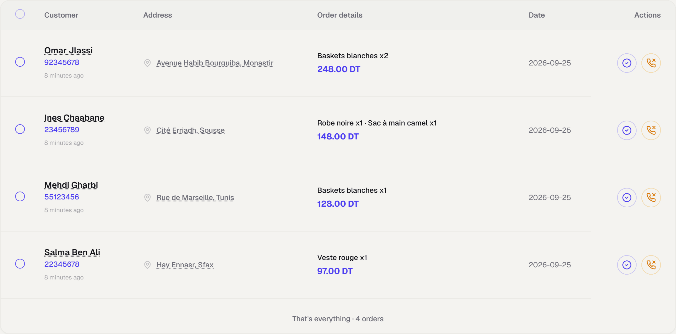 Thinflow orders list: four orders with name, phone, address and total, including Salma Ben Ali, Hay Ennasr, Sfax, 97 DT.