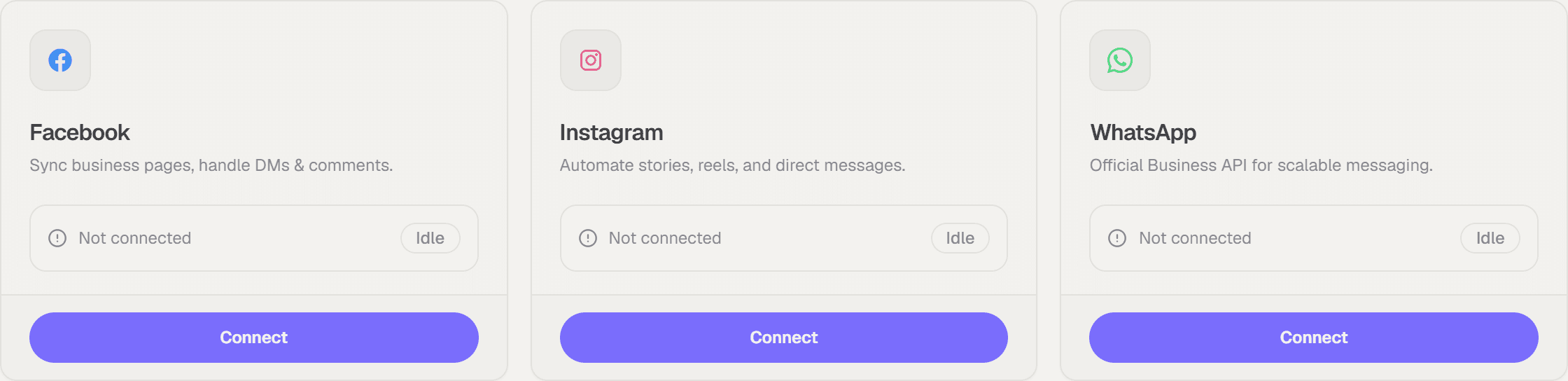 Thinflow platforms page: Facebook, Instagram and WhatsApp, each with a Connect button.