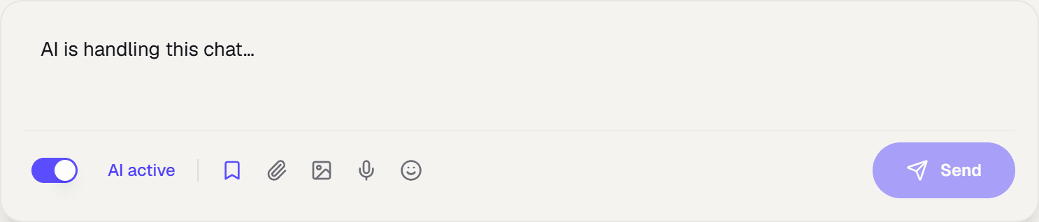Thinflow reply box with the AI active switch that hands the chat back to the merchant.